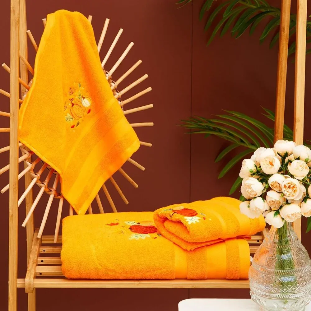 Vibrant Cotton 6 Pack Towel Set with Pumpkin Embroidery - Safe for Family